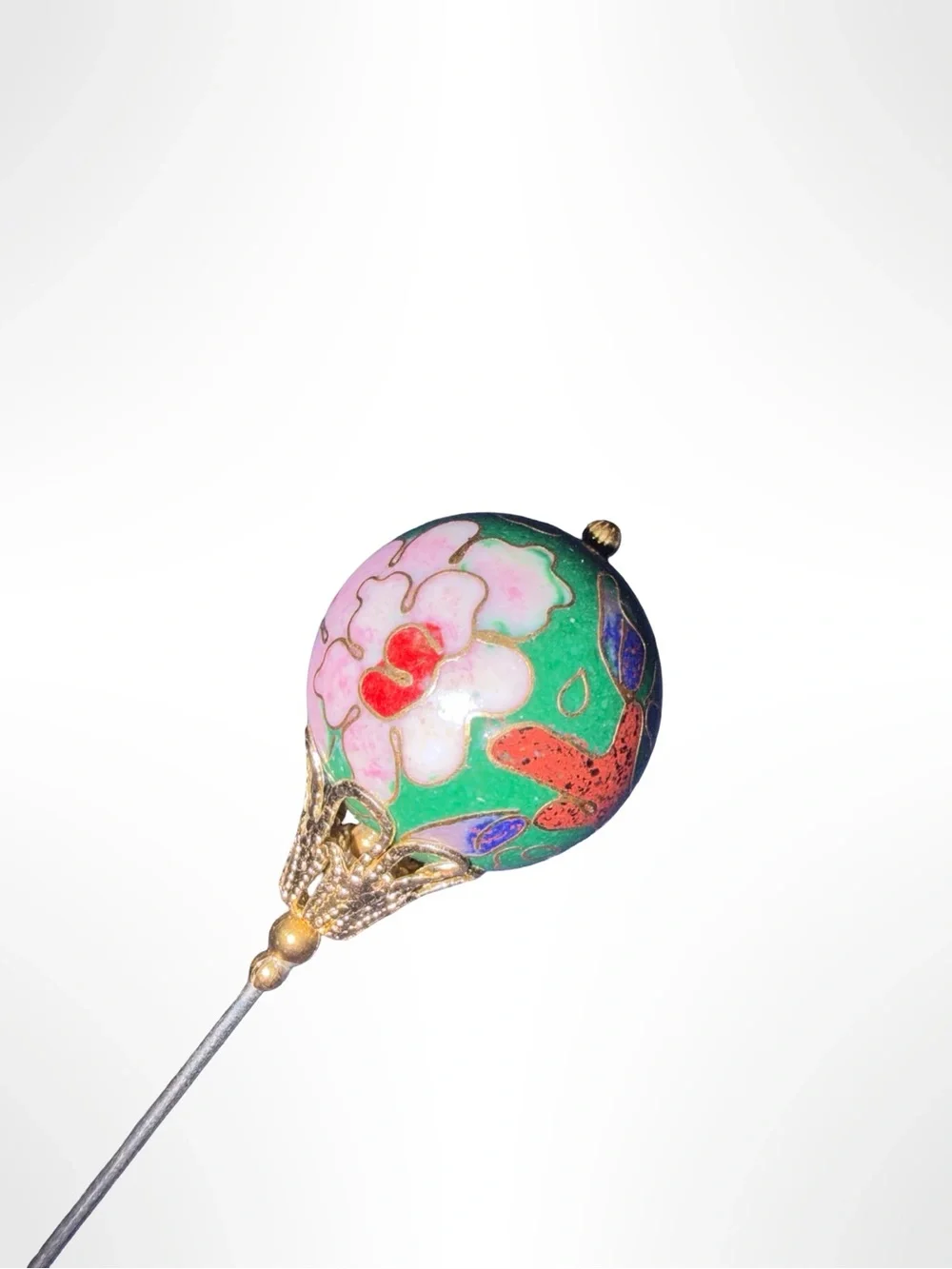 Vintage Chinese Cloisonné Floral Hat Pin Pink Green Enamel Gold Tone